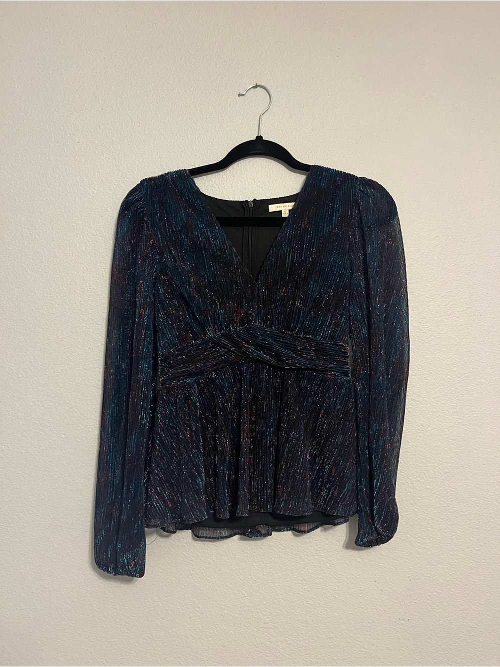 Skies Are Blue Navy Shimmer V-Neck Long Sleeve Top